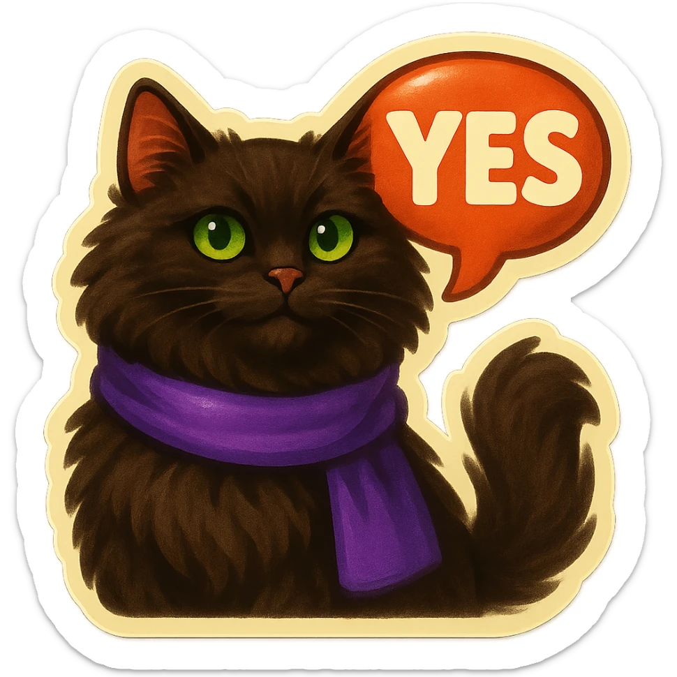 Fluffy dark-brown cat with green eyes and a purple scarf saying ‘YES’ (with a speech bubble) sticker