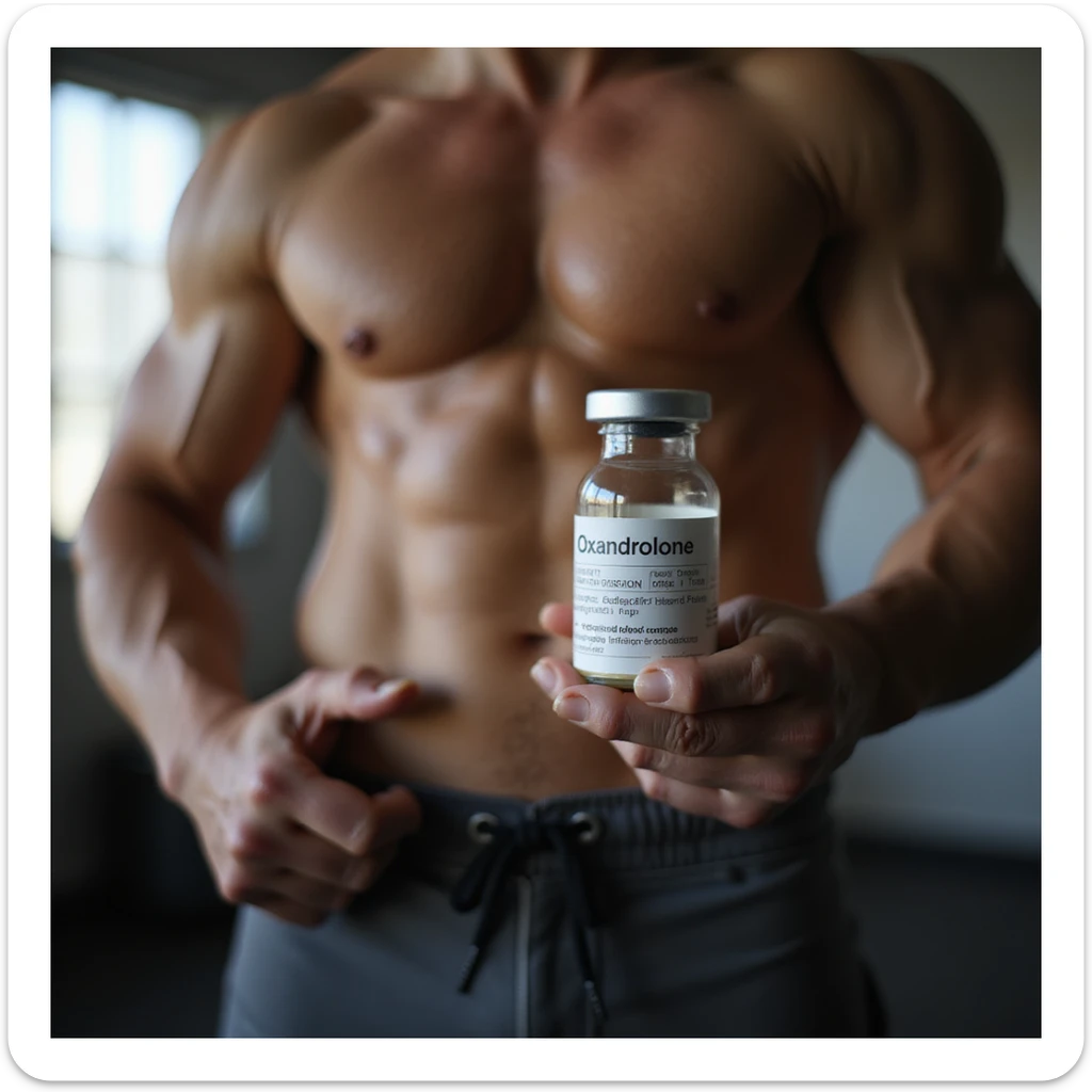 realistic photo of a crossfit athlete holding a vial labeled 'Oxandrolone', prominent muscles, natural light, gym background sticker