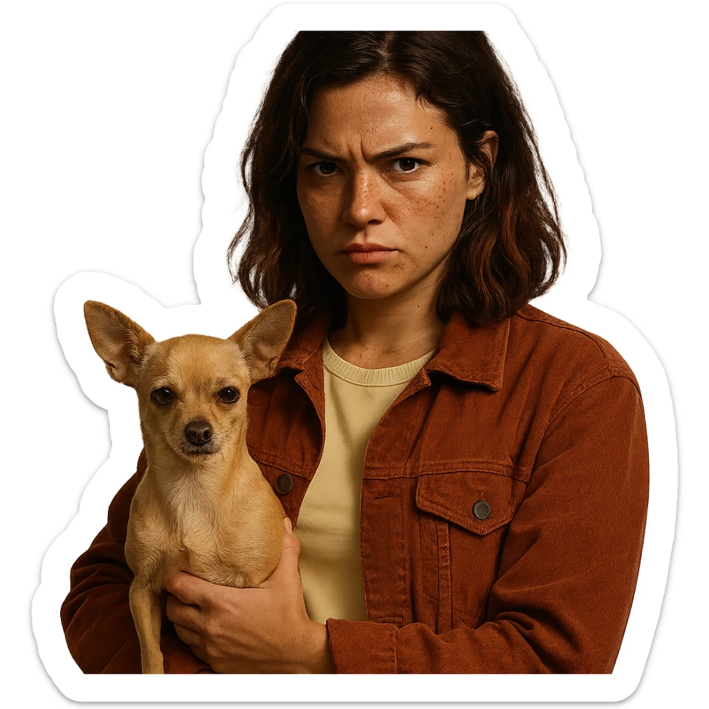 Netflix series style portrait of a woman with tanned skin, freckles, pale yellow shirt (#FFF8CA), rust-colored jacket, medium-length brown hair with auburn highlights, rebellious expression, holding a beige-brown chihuahua, transparent background sticker