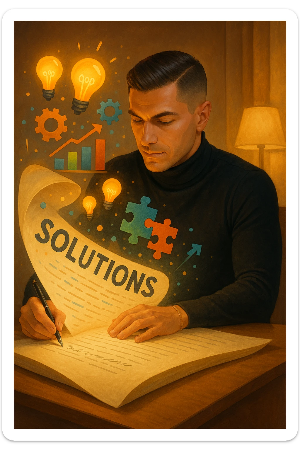 Un uomo concentrato, seduto alla sua scrivania in una stanza con luce calda, sta scrivendo su un enorme foglio di carta che si espande magicamente davanti a lui. Mentre scrive, le parole si trasformano in elementi visivi tridimensionali che rappresentano le soluzioni ai suoi problemi sticker