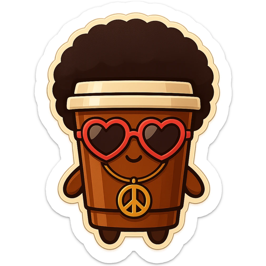Tall coffee cup, no mouth, afro, heart glasses, peace sign necklace sticker