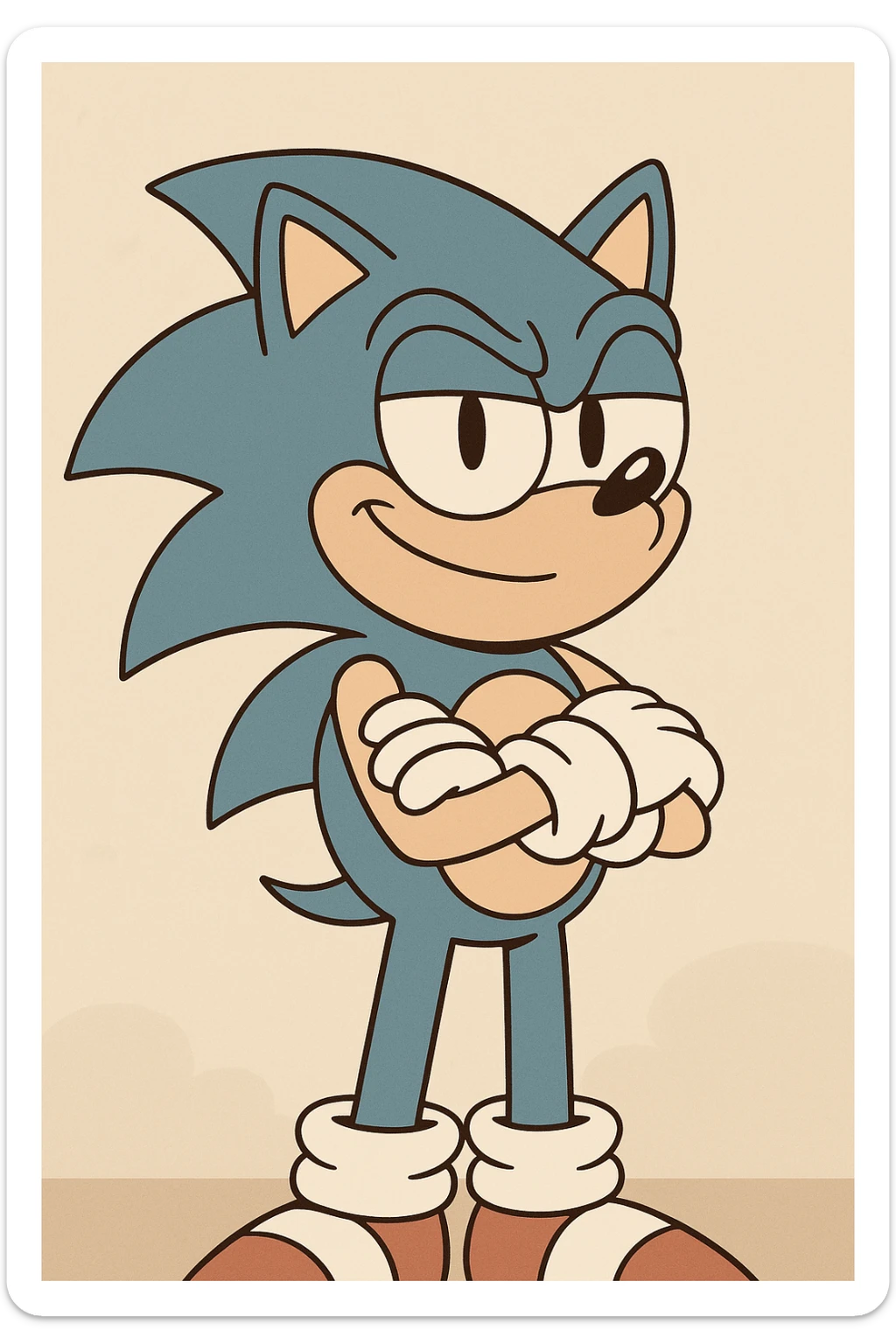 Sonic the Hedgehog, standing with arms crossed, confident smile, blue fur, white gloves sticker
