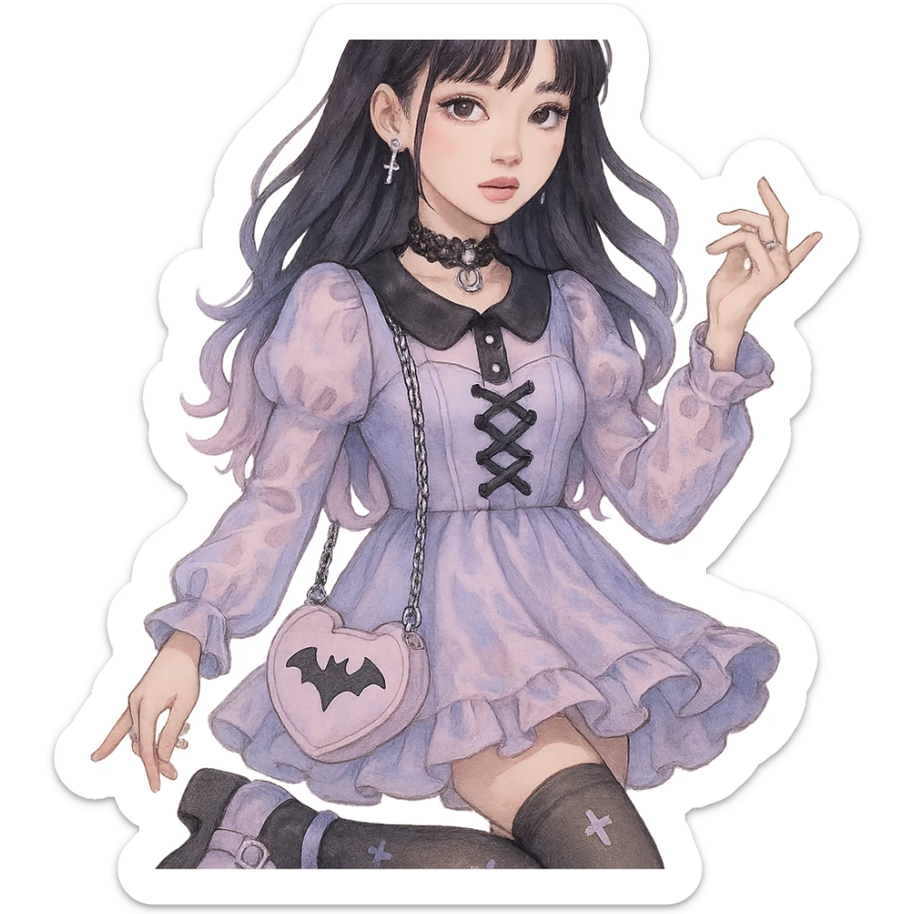 gothic K-pop girl, dreamy pastel goth style, soft colors with gothic details, whimsical pose, cute accessories sticker