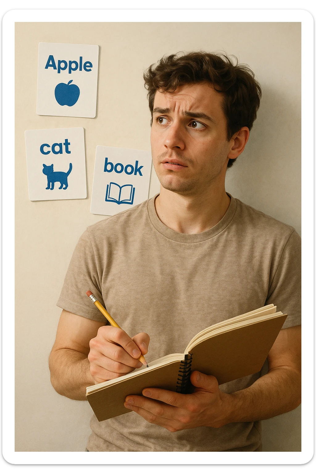 A young adult with a notebook and pencil, looking slightly confused but motivated, glancing at English flashcards, eager to learn, no speech bubbles or text sticker