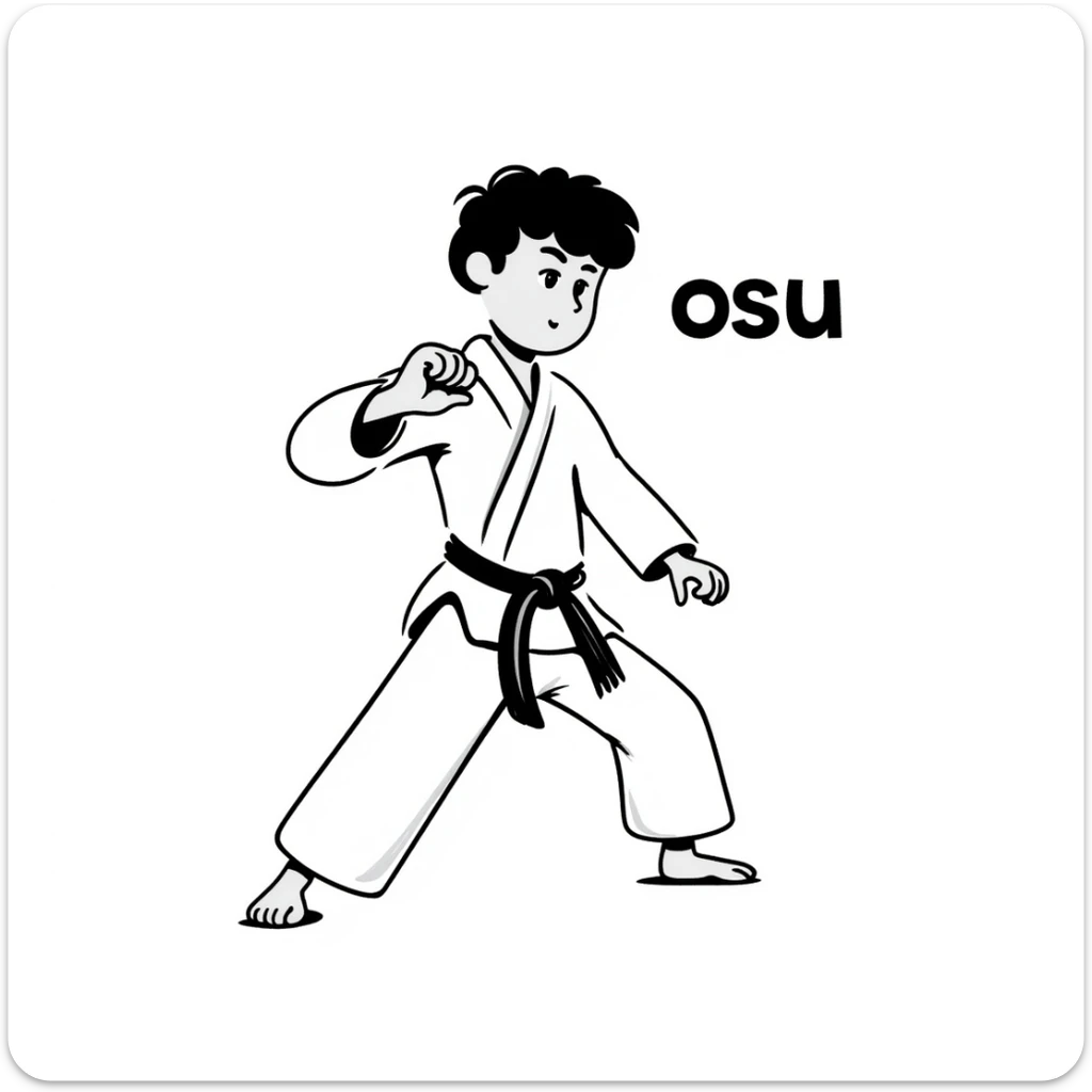 Kyokushin martial artist in white gi, black belt, ready position, with 'osu' text present in hand-drawn notion style sticker