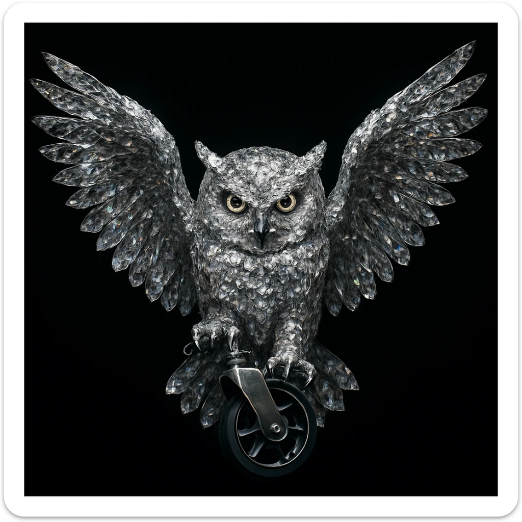 A majestic owl made of sparkling diamonds, crystalline texture, wings fully spread as if landing to catch prey, intense and serious facial expression, piercing beautiful eyes, holding a chair wheel in its claws, ultra detailed, hyper realistic, dramatic lighting, cinematic atmosphere, solid black background, void, nothingness, 8k, high contrast, sharp focus sticker