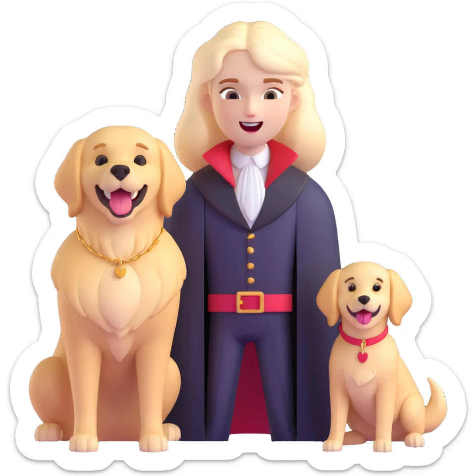 serious vampire with pale skin and fangs on the left, next to joyful golden retriever on the right, both in one emoji sticker