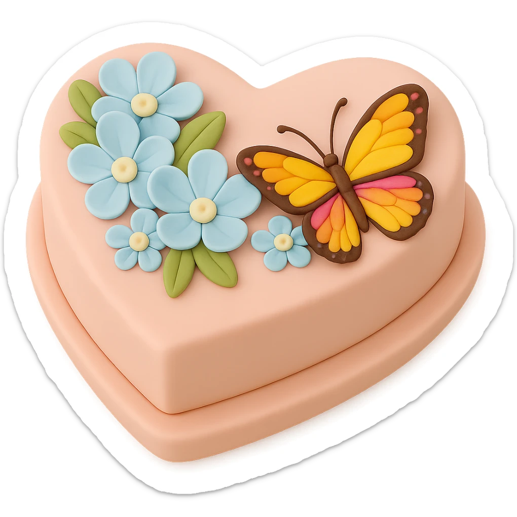 Add a colorful butterfly to the heart-shaped fondant cake with blue flowers, fondant cake art style, keep transparent background. sticker