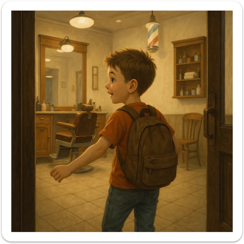 Sartaroshxonaga kirib kelayotgan bola sartaroshxona unchalik eski emas ammo yangi ham emsa sticker