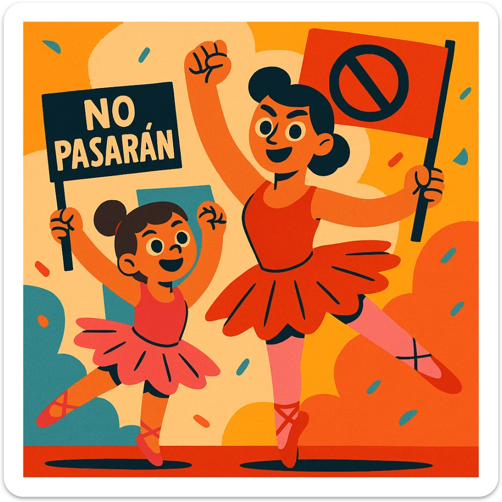 A mother and daughter in ballet costumes, dancing with raised fists and anti-fascist banners, showing unity and resistance sticker
