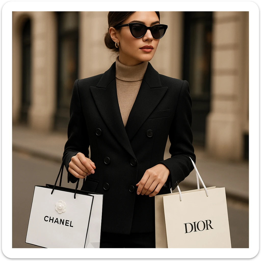 A fashionable young woman with Chanel and Dior bags in her hands, dressed in chic attire, confident and poised. sticker