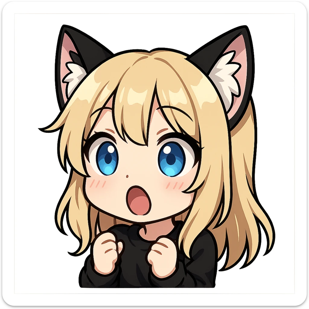 chibi anime catgirl with black and white cat ears, blonde hair, blue eyes, white skin, cute, surprised expression, Twitch emote sticker