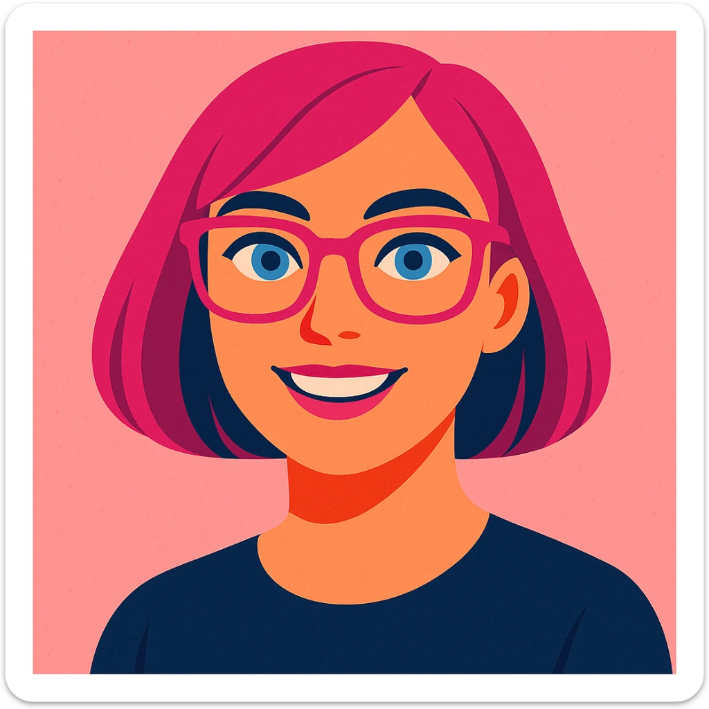 Make her look younger, no fringe on the pink bob haircut, add pink glasses and blue eyes, keep pink salt background, vibrant toon style sticker