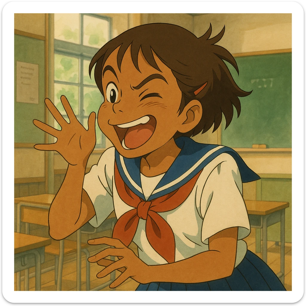 Japanese brown-skinned high school girl in a Tokyo school uniform, giving a quick, sneaky kiss on the cheek to a classmate (not shown), playful and energetic, with a hint of a Japanese classroom in the background, anime style sticker