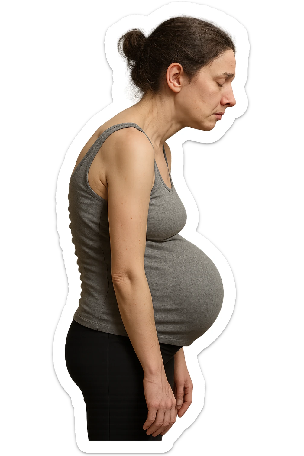 donna in gravidanza di profilo con spina dorsale in evidenza, postura storta, spalle chiuse in avanti, iperrealistica 4k sticker