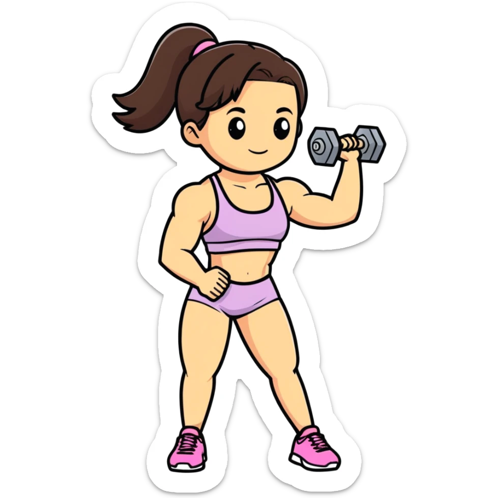 brunette girl in gym wear lifting a dumbbell, cartoonish sticker style sticker