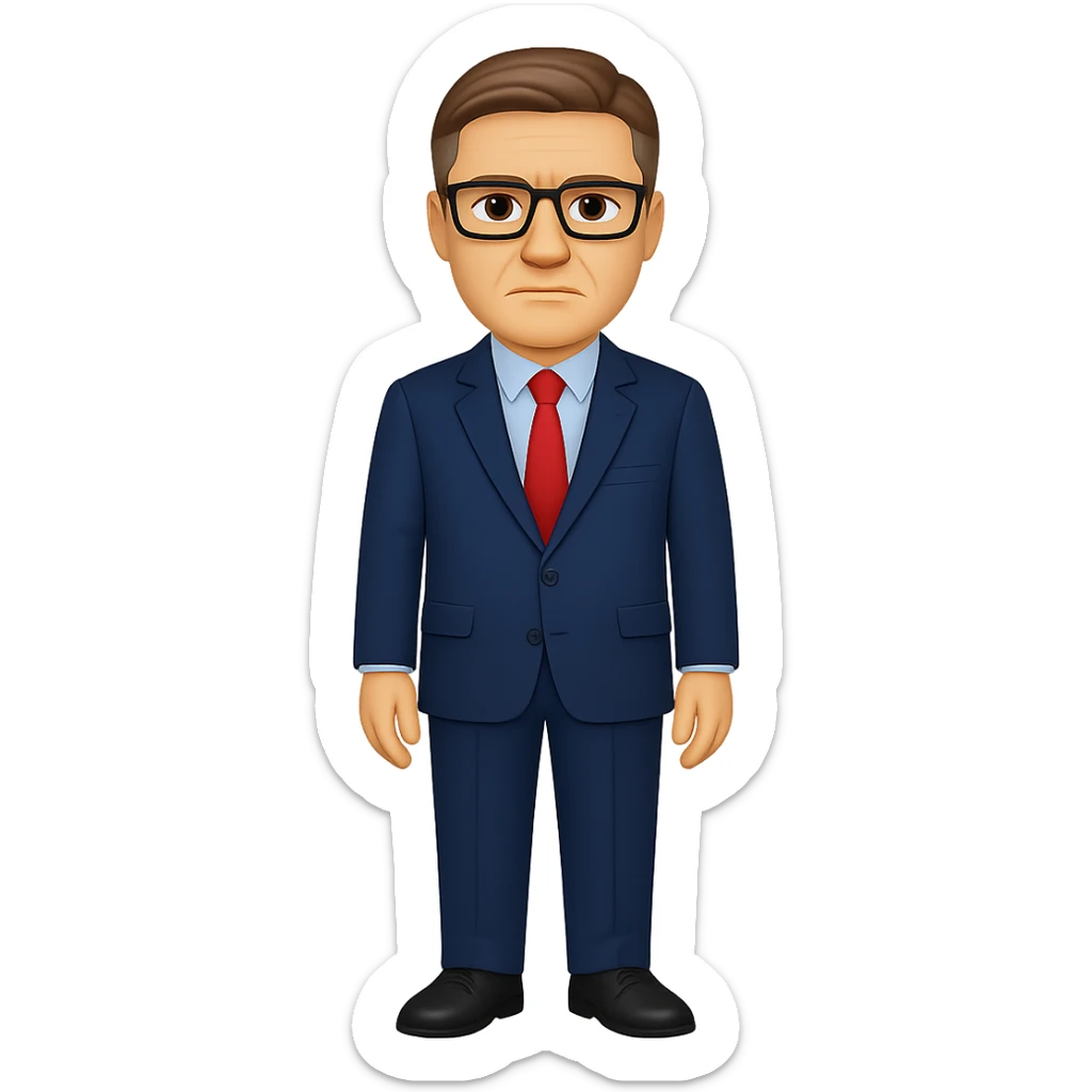 Create a full body figure of Keir Starmer standing with glasses, keeping the background transparent. Maintain the emoji style and appearance from the reference image. sticker