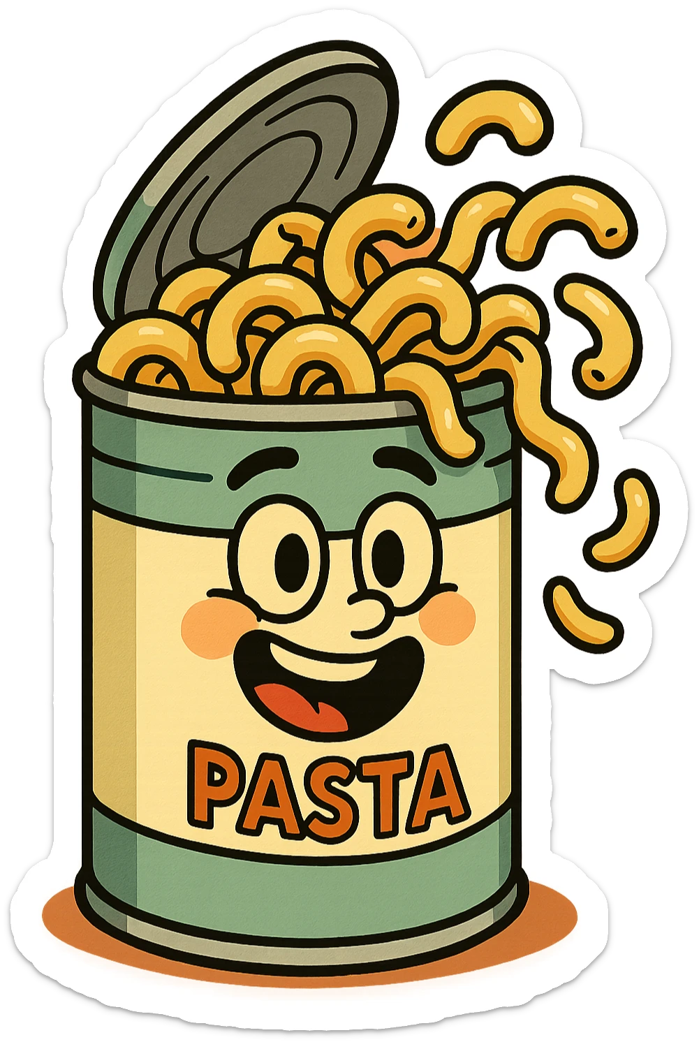 cartoon style canned pasta can, smiling can with pasta spilling out, playful, bold colors, transparent background sticker