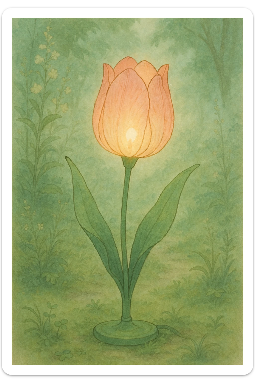 a lamp made out of a tulip flower, the bulb in the flower, natural colors, soft, fairy-like atmosphere,  sticker