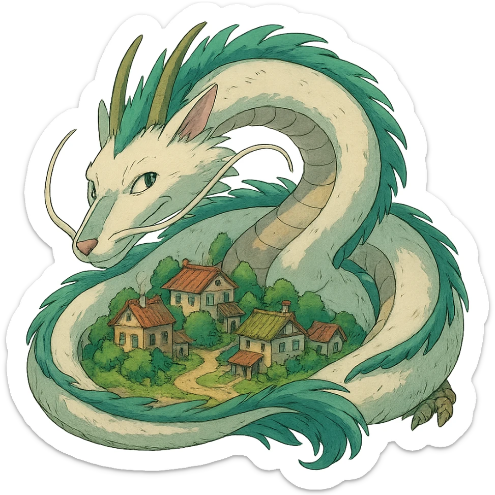 A friendly dragon curled up around a small village, reminiscent of the creatures from Spirited Away, in the style of Studio Ghibli. sticker