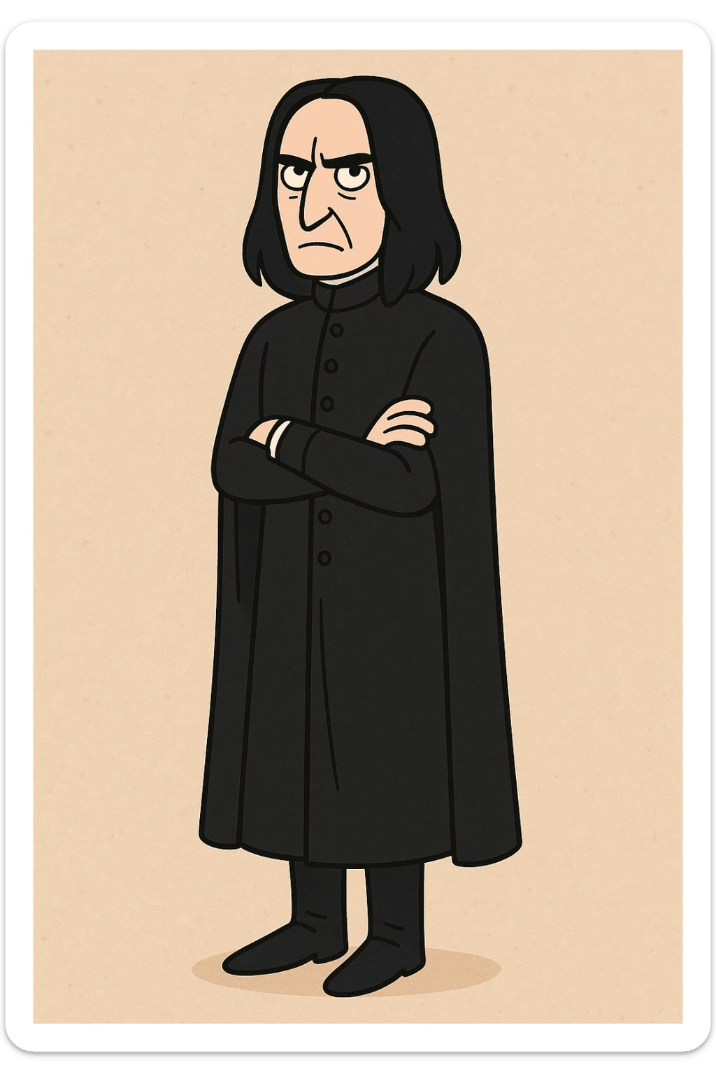 full body illustration of Severus Snape in cute, cartoon, simplified style with bold black lines and soft colors, long straight black hair, serious expression, wearing long black tunic sticker