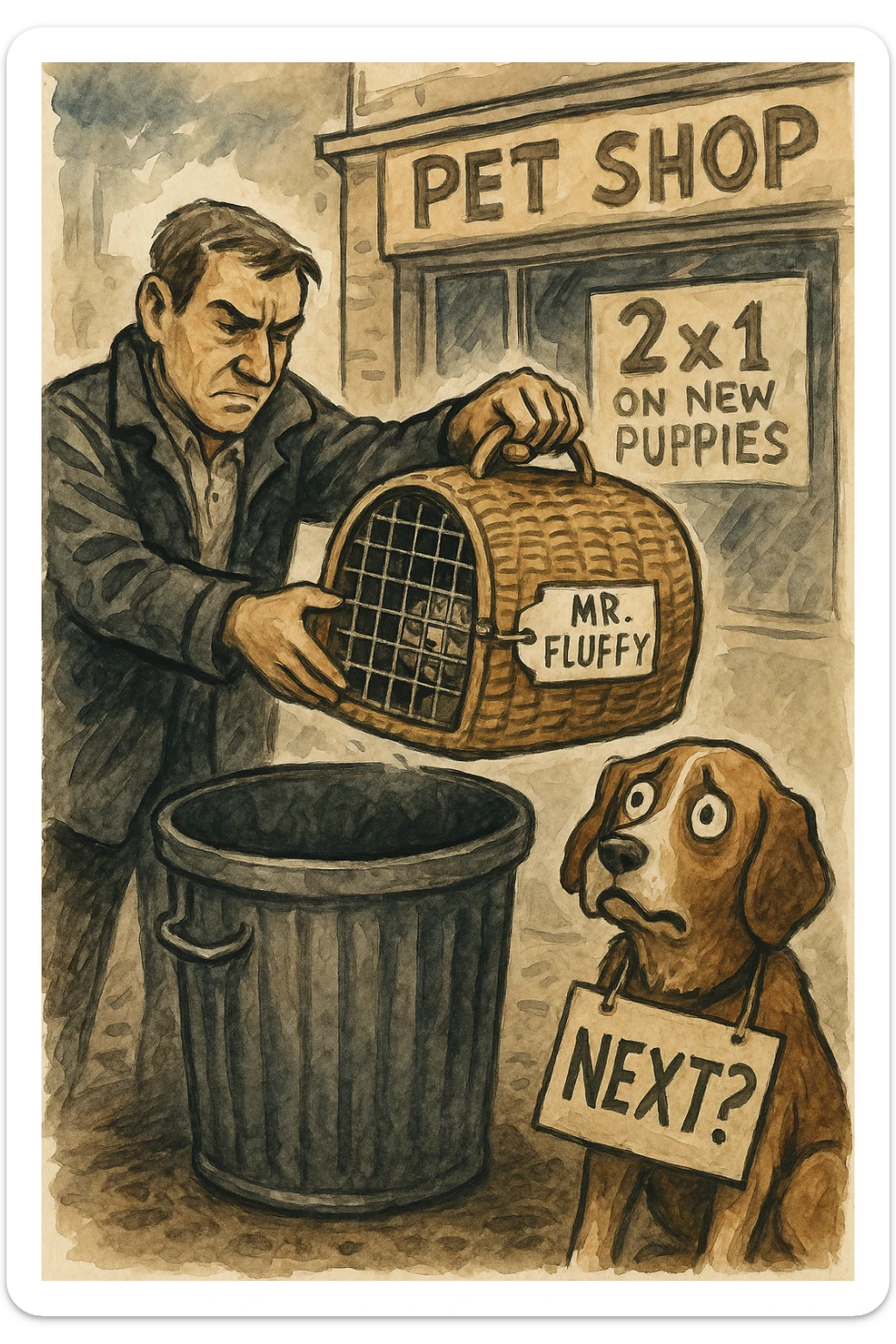 "Primo piano dell'uomo che butta il cesto del gatto (con ancora la scritta 'Mr. Fluffy') nel cassonetto, mentre il cane lo guarda terrorizzato con un cartello al collo: 'PROSSIMO?'. Sullo sfondo, un negozio di animali con l'insegna '2x1 su nuovi cuccioli'. Stile illustrazione editoriale, inchiostro e acquerello." sticker
