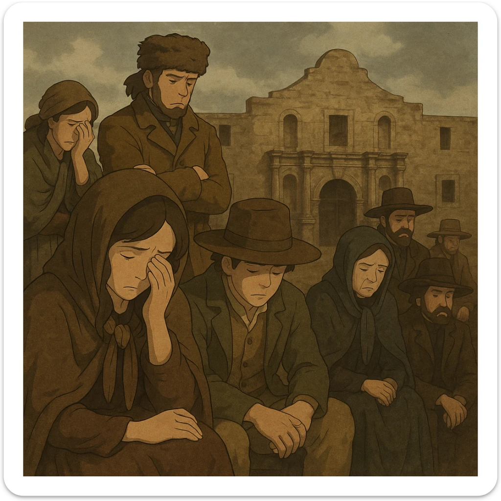 historical painting style of Texans mourning after the Alamo defeat, somber mood, muted colors sticker