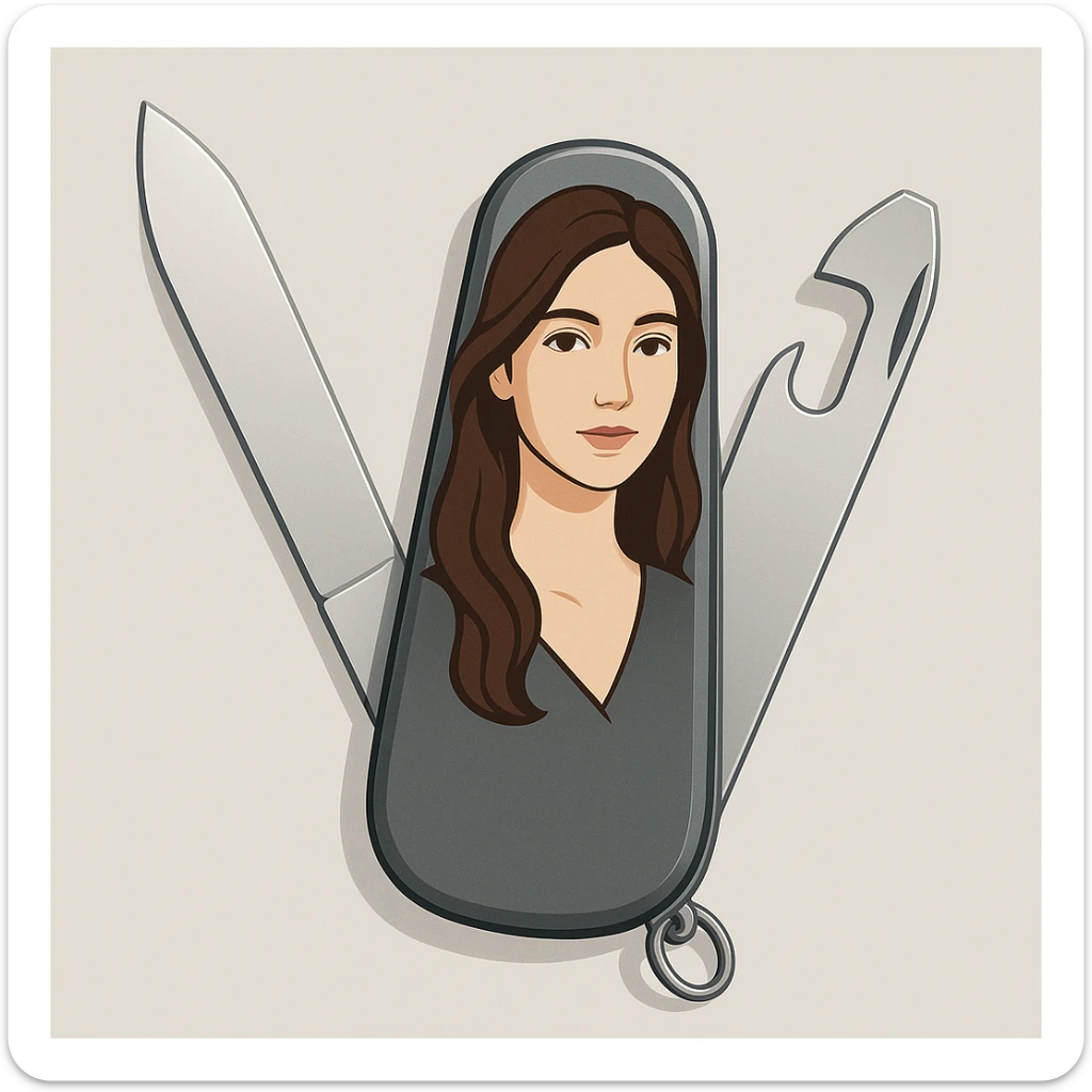 a modern and clean stylized swiss army knife with the image of a brunette woman with light brown eyes sticker