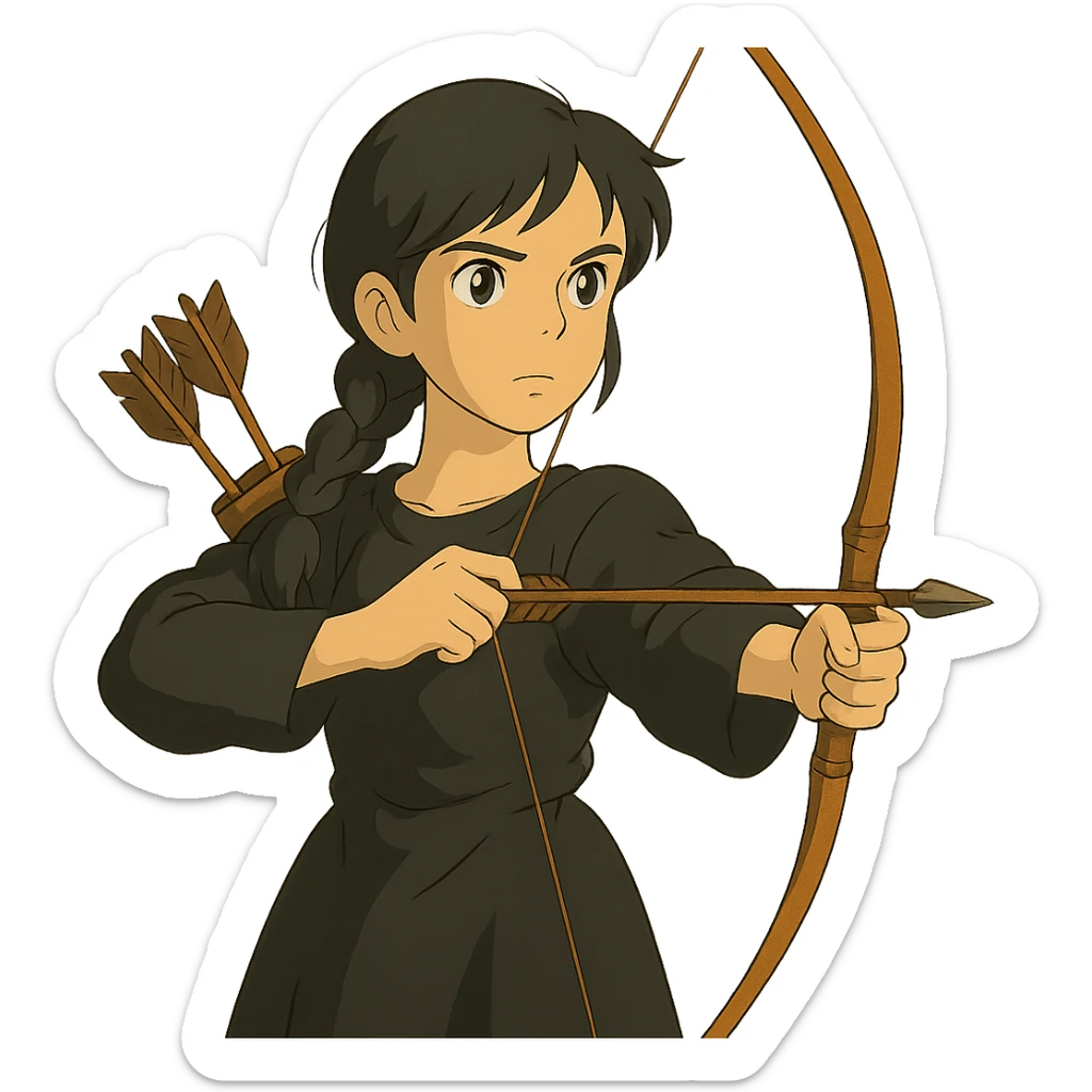 ghibli style girl with olive skin, gray eyes, black hair in a side braid, black outfit, bow and arrow sticker