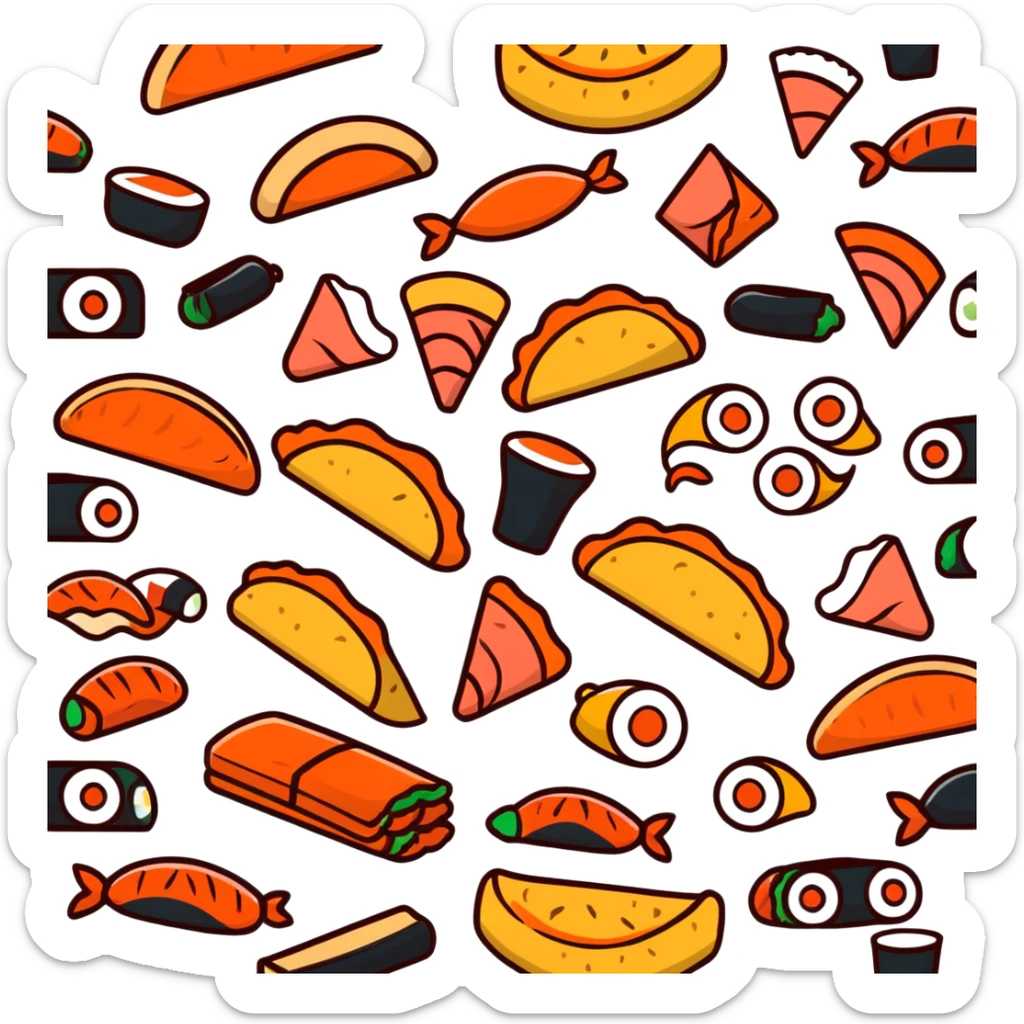 скатерть самобранка with a mix of international dishes like sushi, pizza, and tacos sticker