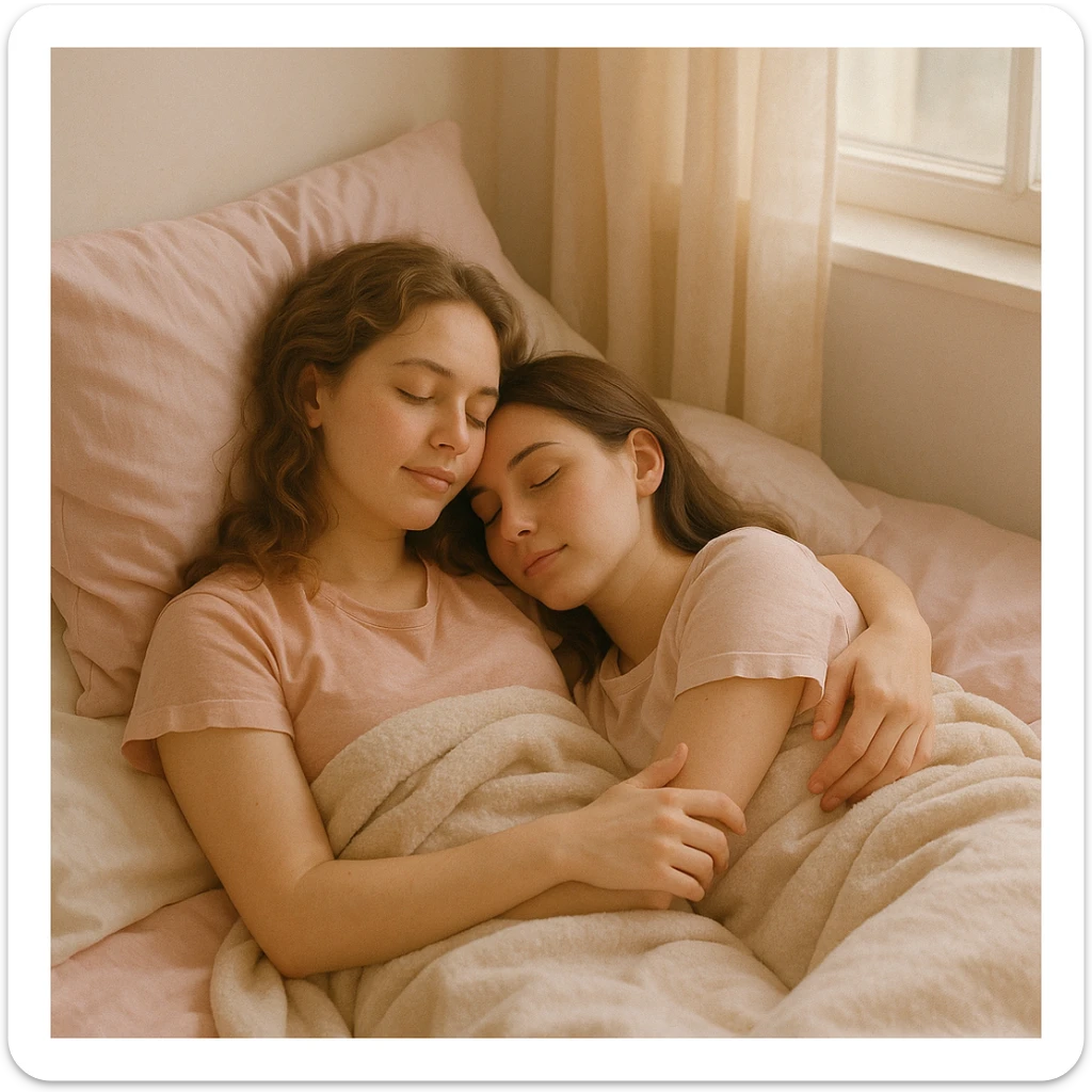 two girls in bed, cuddling, serene, pastel colors, gentle morning light sticker