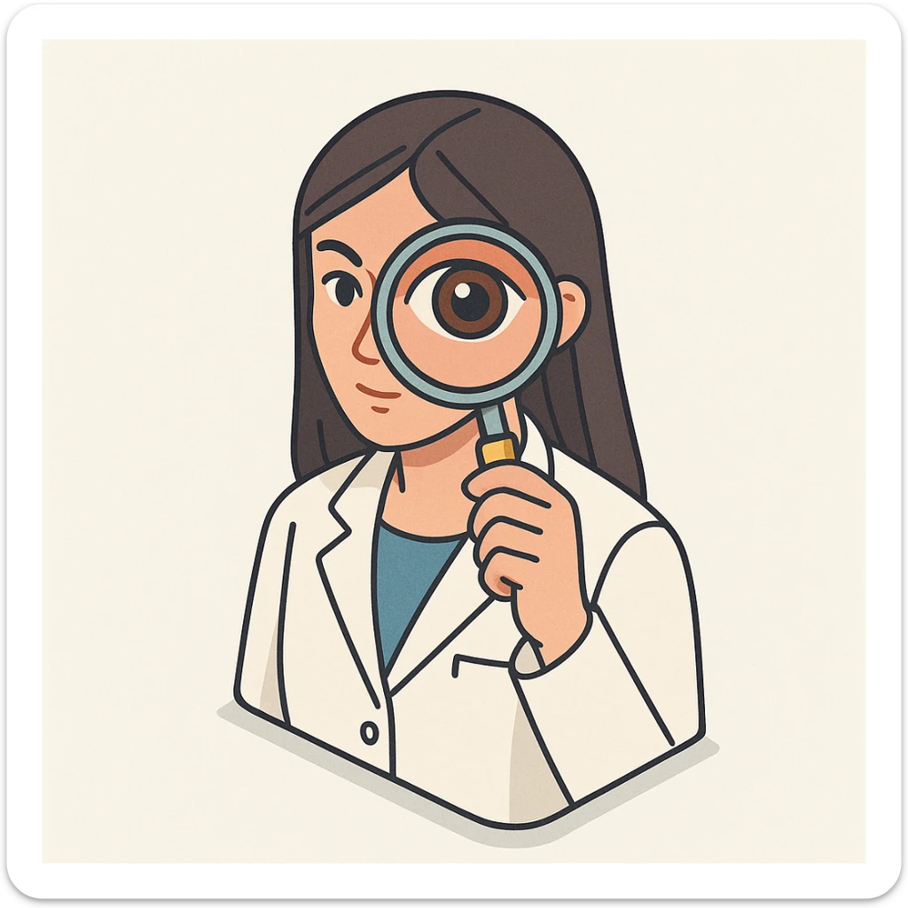 front view of a female doctor with dark long straight hair, detailed brown eyes (not dots), wearing a white coat, looking straight at the camera through a magnifying glass, both eyes visible, one eye enlarged and distorted like a fisheye lens, minimalist background, 2D isometric style sticker