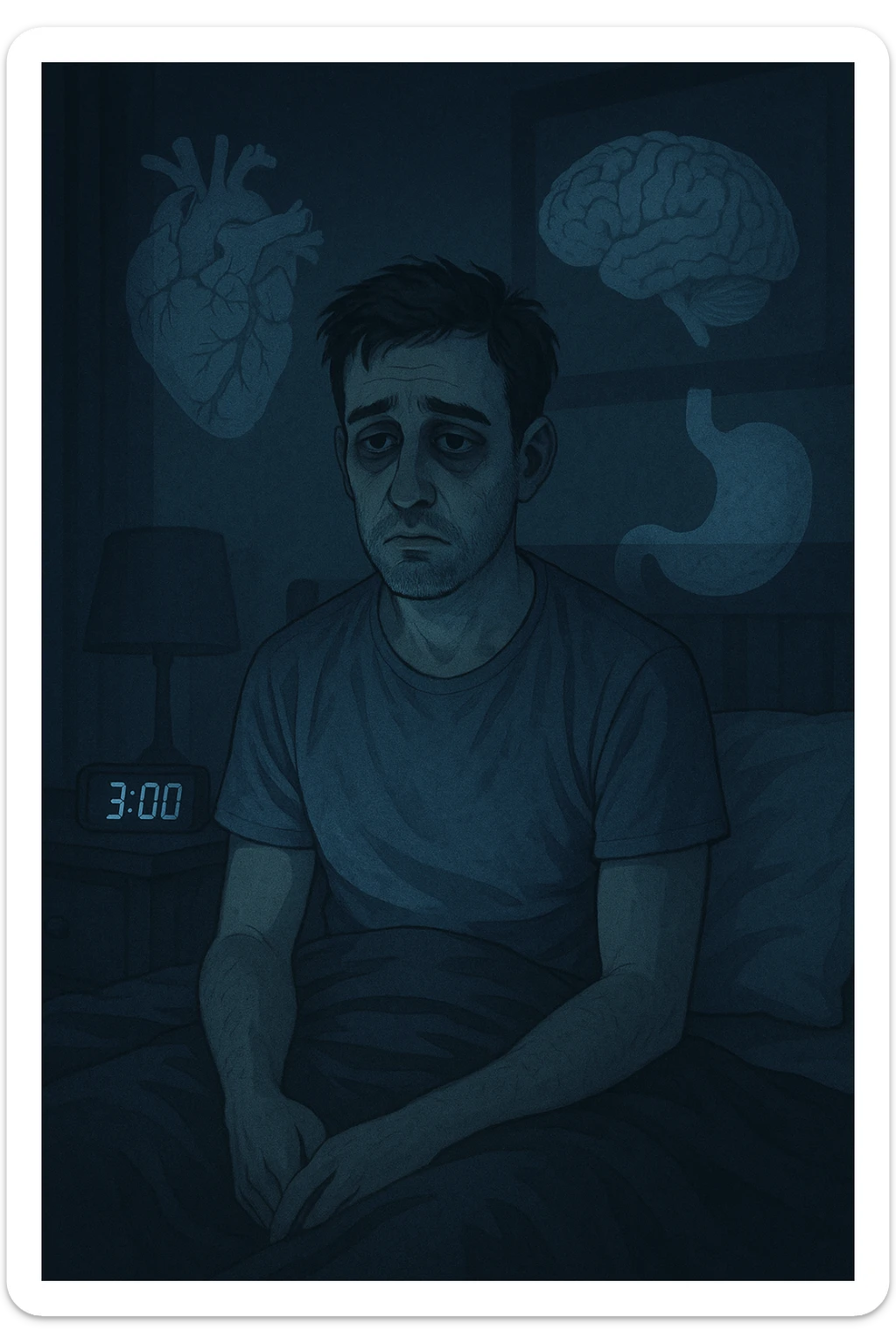 a man sits awake in bed in the middle of the night, dark circles under his eyes and a tired, anxious expression. The room is dimly lit by the blue glow of a phone or digital clock showing 3:00 AM. Around him, faint ghostly overlays of anatomical drawings highlight affected organs—heart, brain, and stomach—symbolizing the physical harm caused by disrupted sleep. sticker