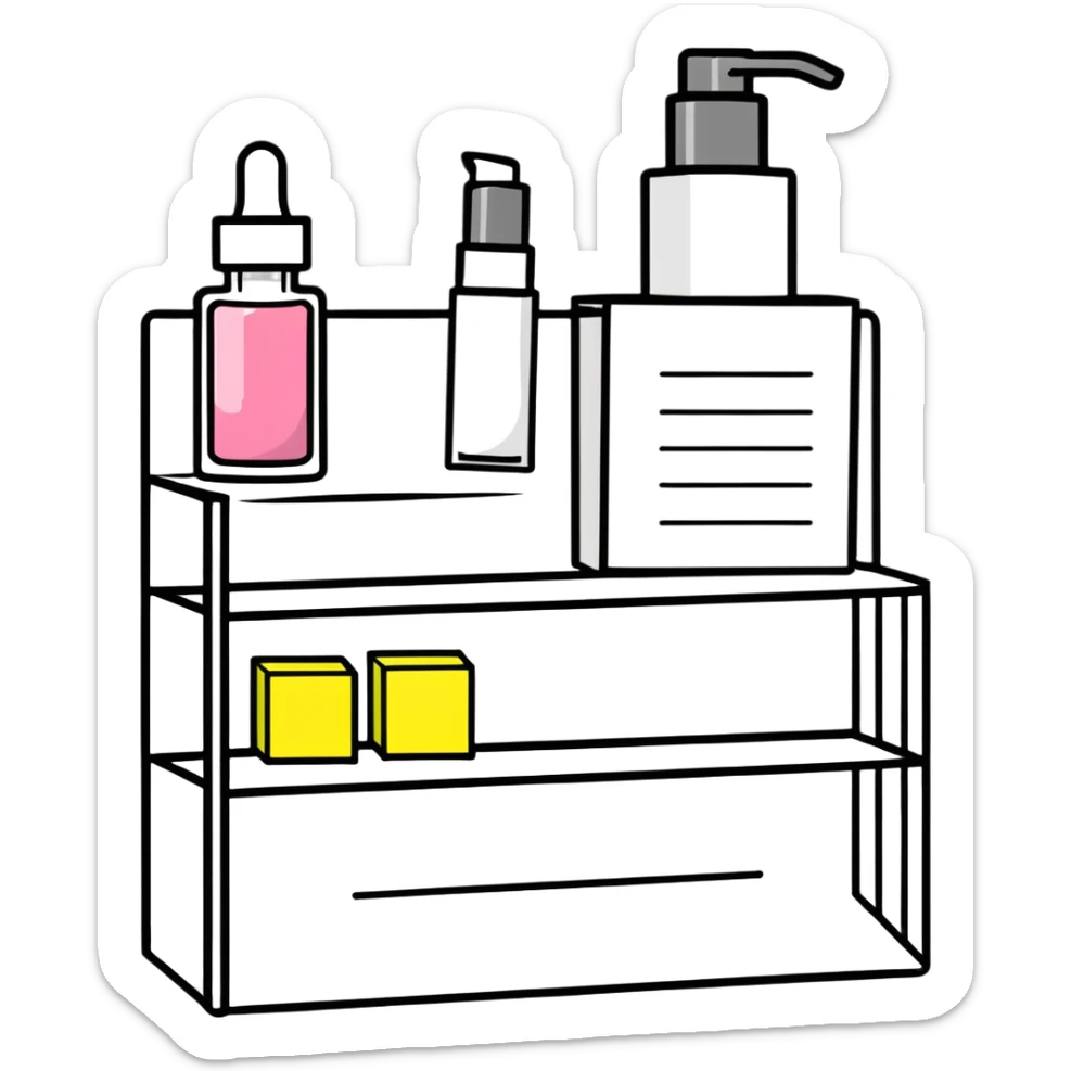 big long white shelf with one serum bottle labeled beauty brand and big sticky note next to it sticker