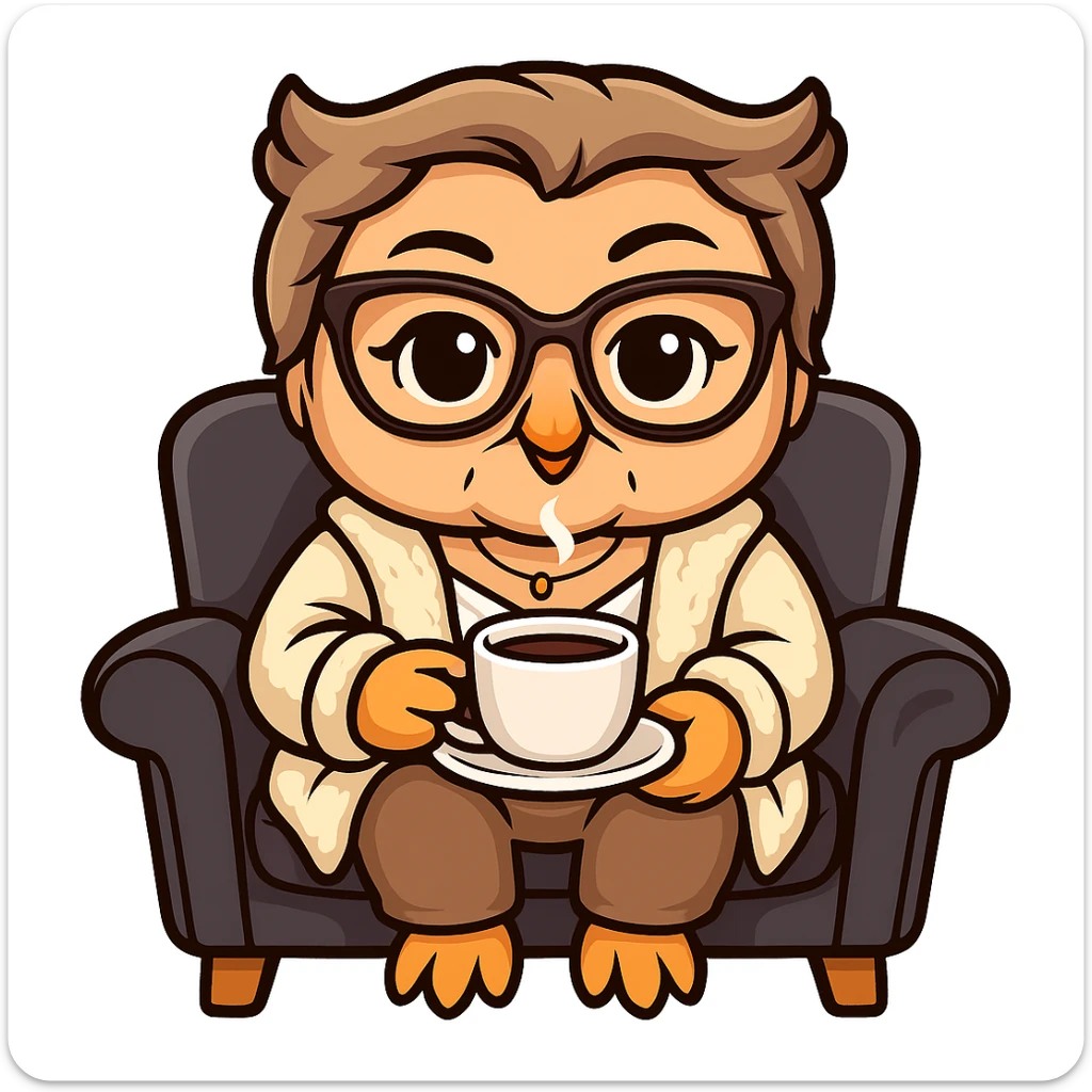 Create an illustration of an owl-girl with a face resembling the face in the provided photo references. The owl is drinking coffee while sitting in a chair. The style should emulate the cartoonish sticker style as closely as possible, since the original sticker style does not support editing. sticker