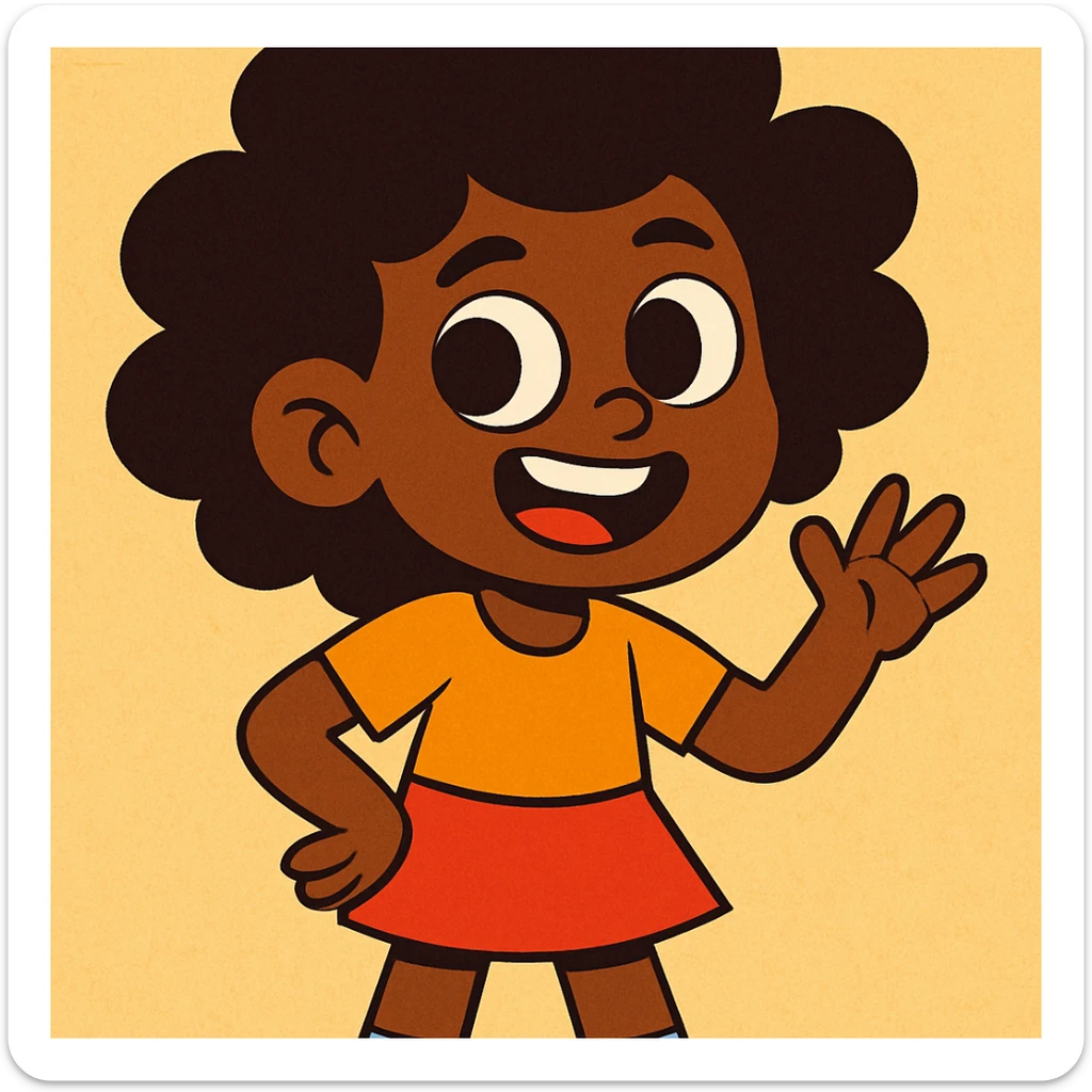 una niña morena de piel con ojos marrones y pelo afro, estilo cartoon vibrante sticker