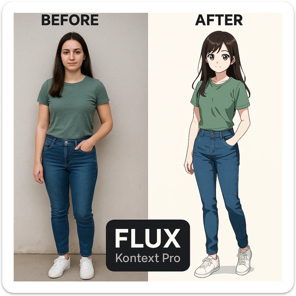 create before after image of a girl before is realsitic photo, after is anime version of her in same pose and clothes, add logo with text of a "FLUX Kontext Pro" sticker