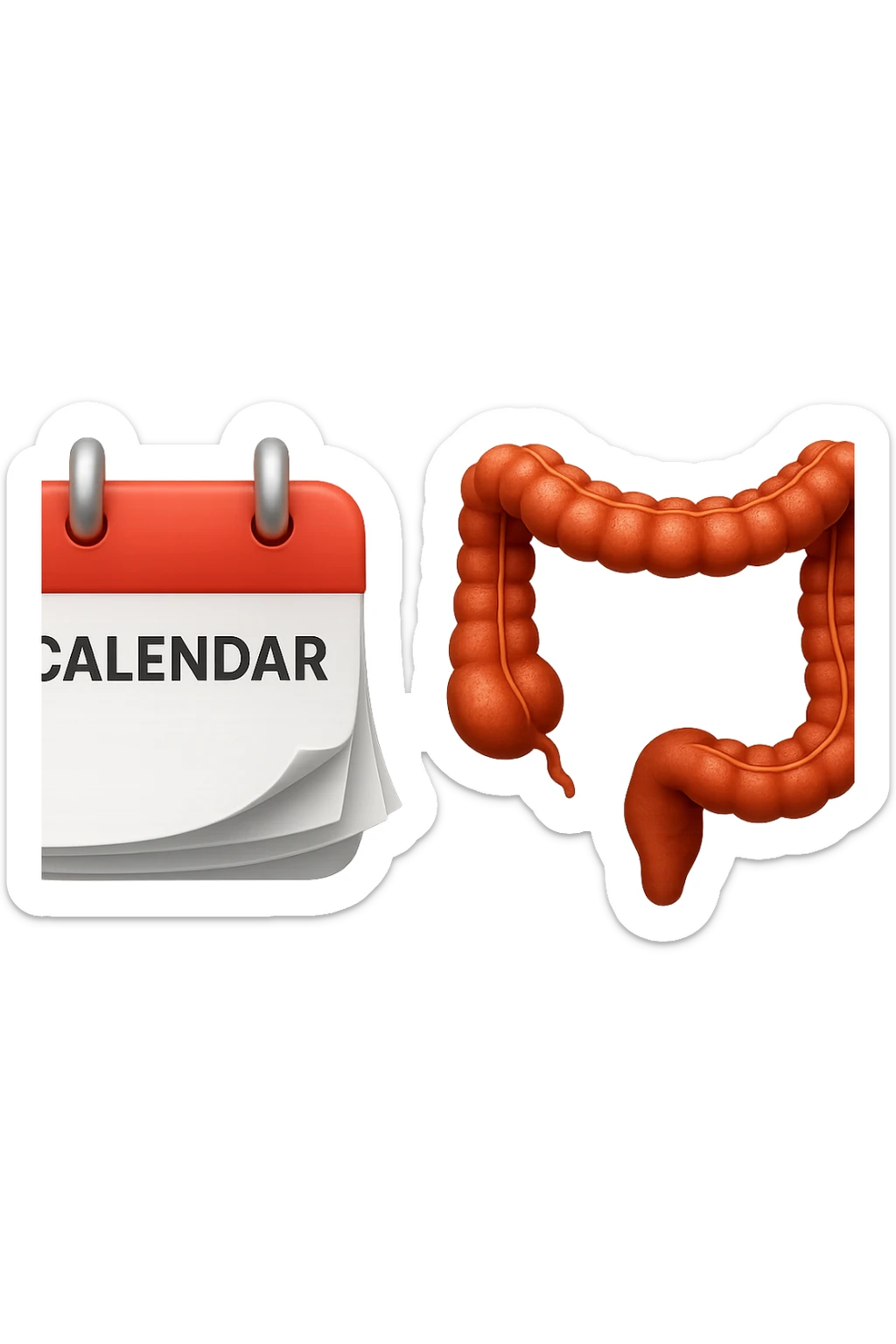 emoji stile iphone di un calendario con fogli che volano insieme a pezzi anatomici di colon umano, iperrealistico 4k, isolato su sfondo bianco sticker
