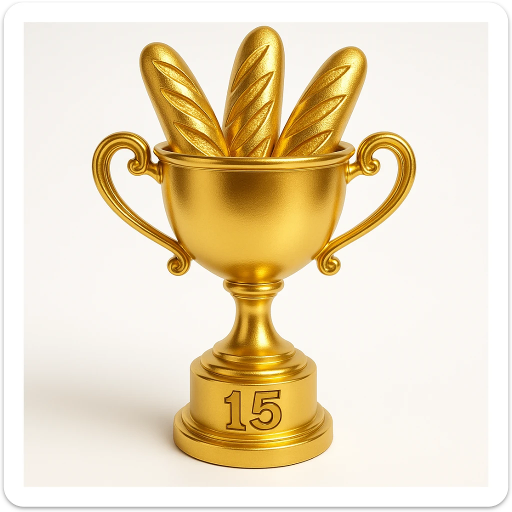 Add the numbers 1 to 15 in bold, clear font at the base of the gold trophy cup filled with baguettes. Keep the gold and shiny style consistent. sticker