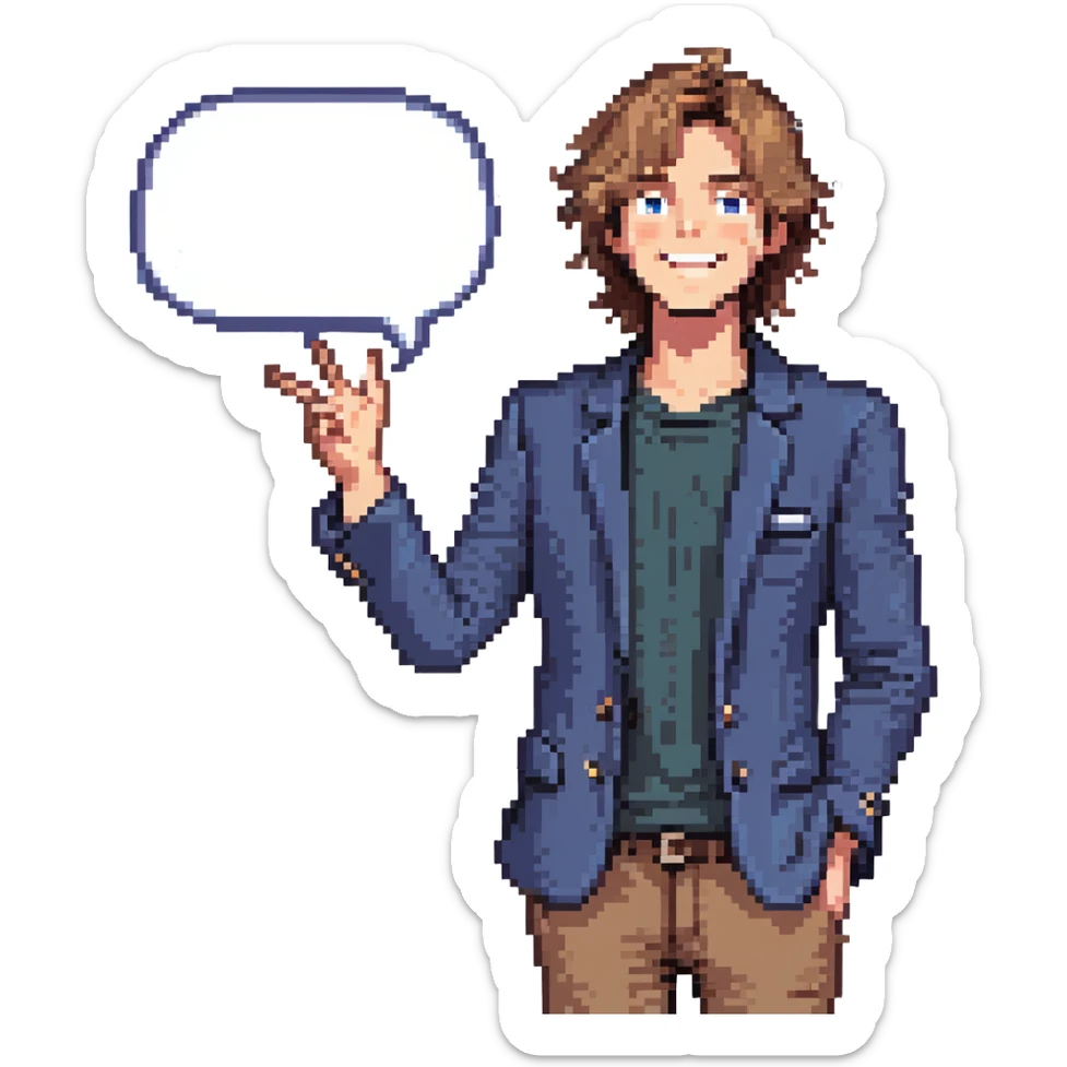 Flat pixel are, lively and clever male debater, fair skin, medium-length messy light brown hair, sharp eyes with a mischievous smile, wearing indigo blazer over a casual t-shirt, one hand raised mid-gesture, the other holding a floating speech bubble, waist-up, front-facing sticker