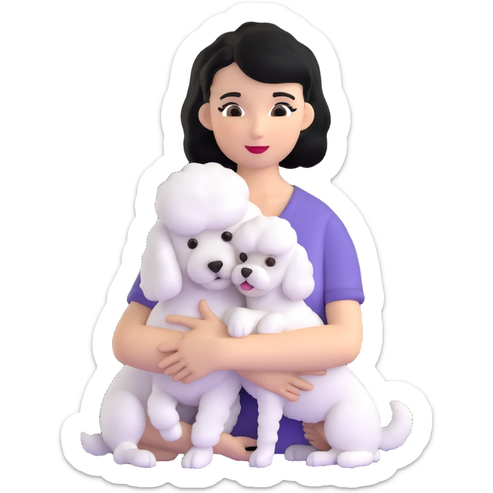 woman with short black hair hugging a brown poodle and a white bichon frise sticker