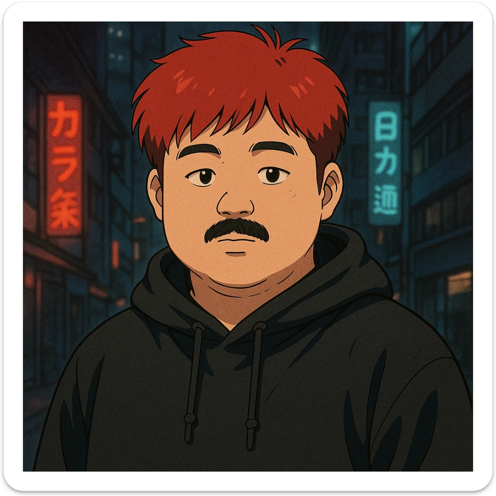 Asian man with a round face, black mustache, red hair, black hoodie, 90s Japanese anime style, soft shading, cyberpunk vibe sticker