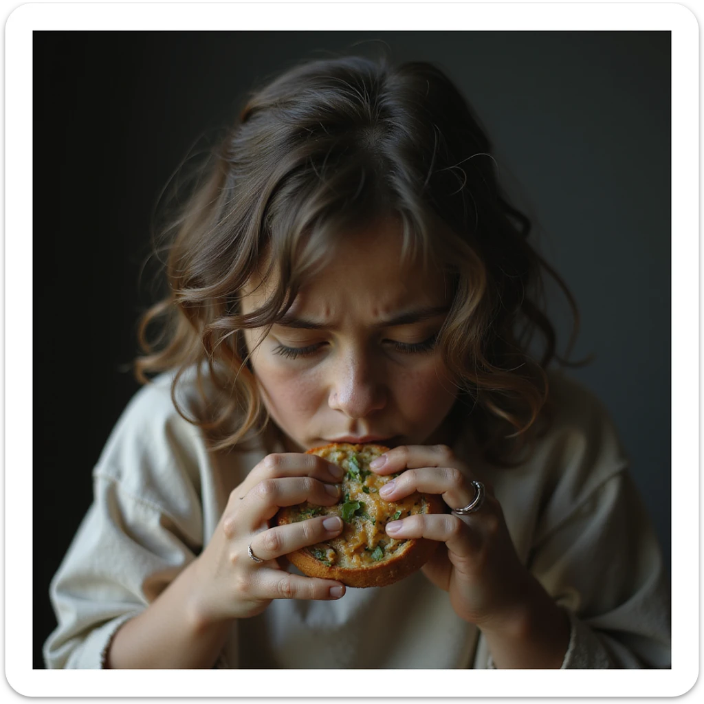 donna triste che mangia insalata, espressione triste, iperrealismo 4K, variazione 7 sticker