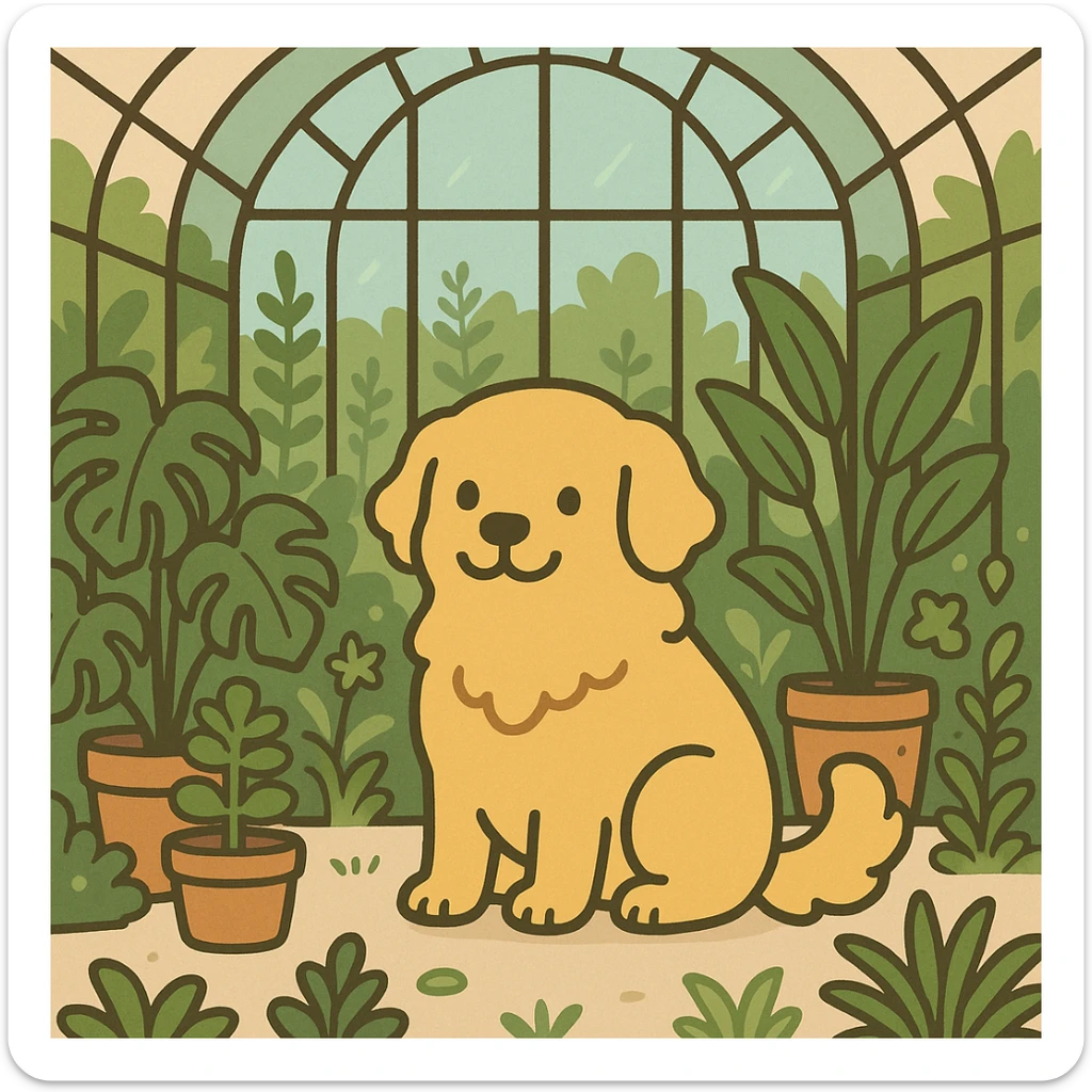 pusheen-style flat toon golden retriever in a botanical garden greenhouse sticker