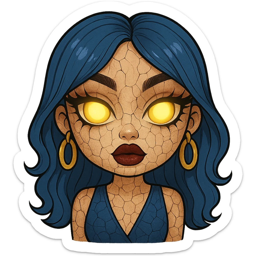 Add cracked porcelain effect to the emoji, keep glowing eyes, creepy gyaru style, blue hair, pretty makeup, bratz baddie vibe, emoji style, with no background. sticker