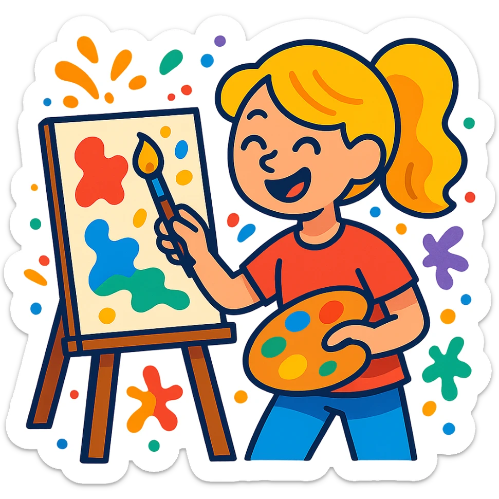 creative blond girl, painting on canvas, splashes of color, joyful mood, creative atmosphere sticker