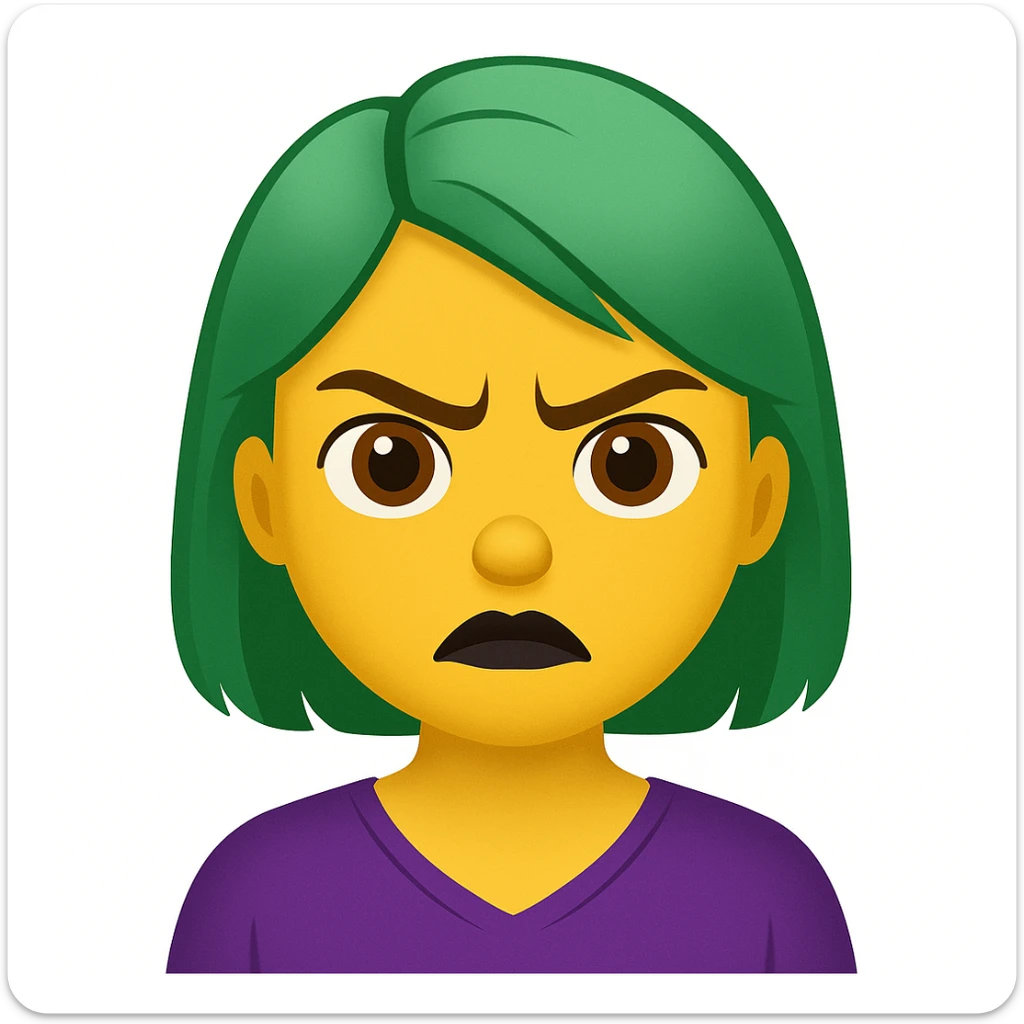 Edit the image of a girl with green hair and angry expression to have brown eyes and black lipstick in an emoji style. sticker