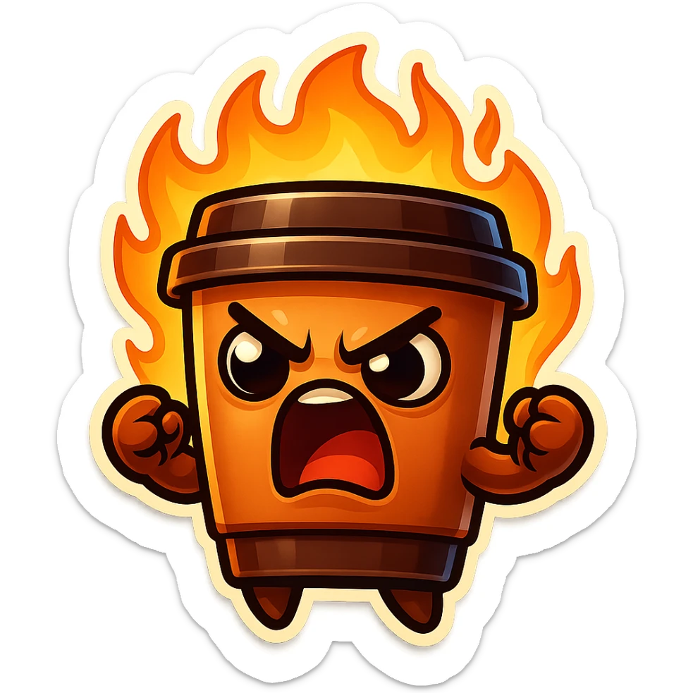 Tall coffee cup, angry, on fire, clenched fists, yelling sticker