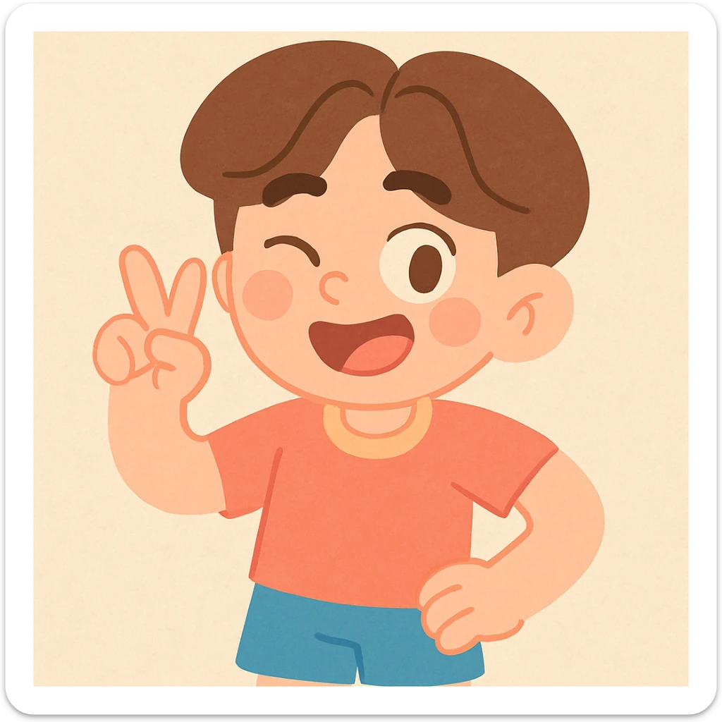 boy with brown hair and a middle part, soft pastel illustration style sticker