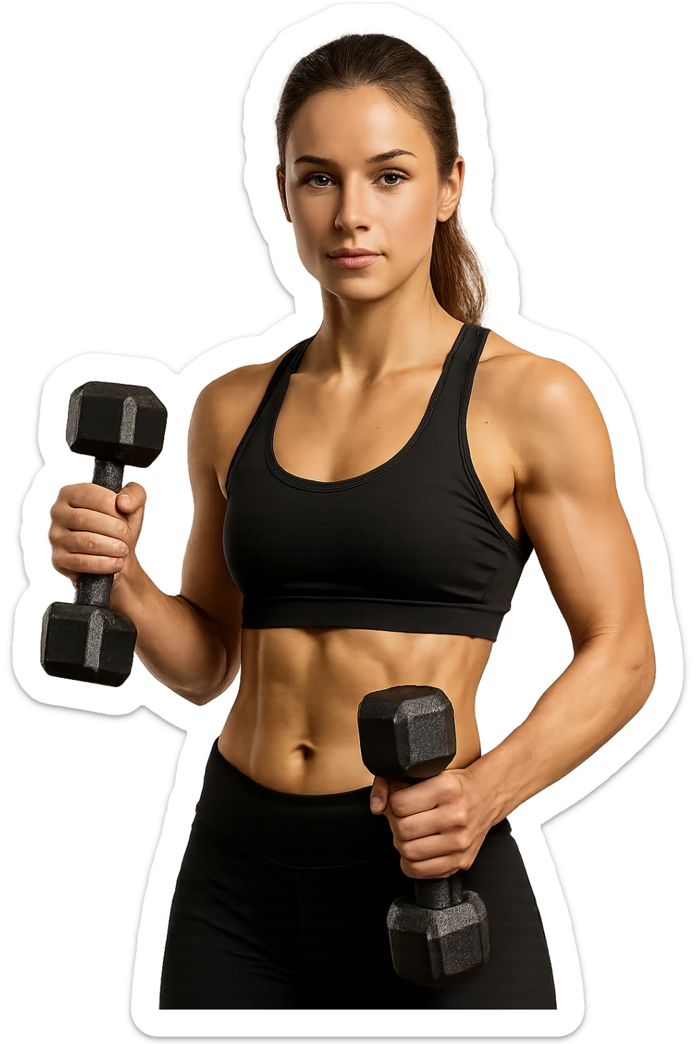 donna fitness in forma con manubri da palestra in mano, isolata su sfondo bianco sticker